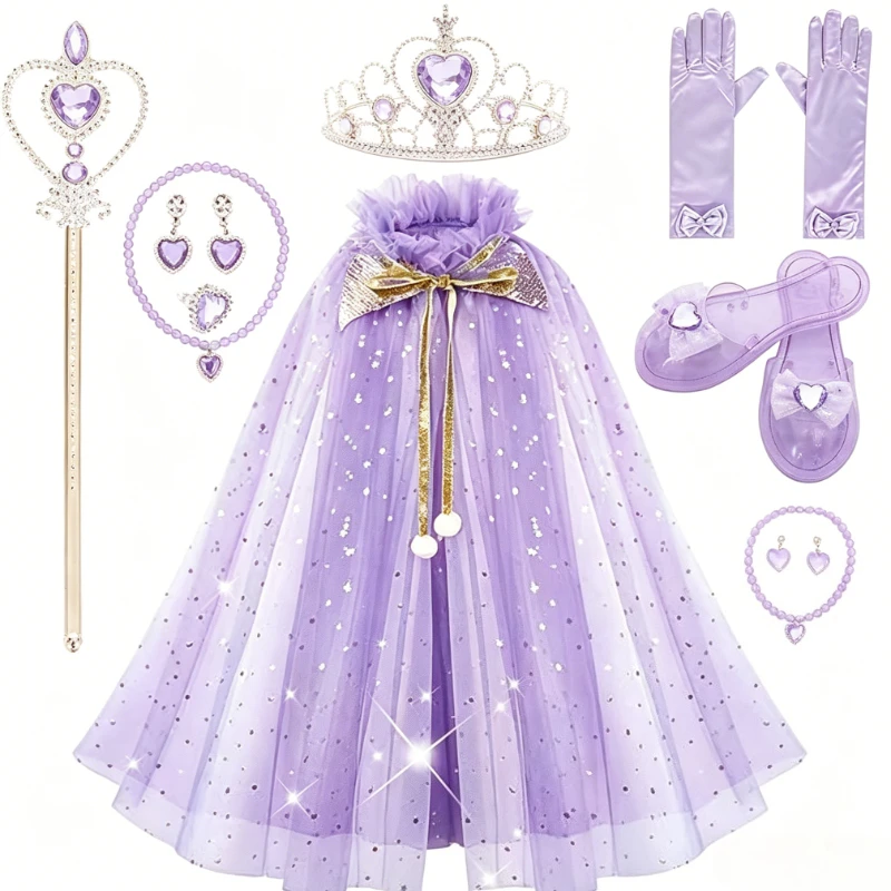 Winter Fairy Sequined Blue Tulle Cape Cosplay Outfit Kids Heart Crystal Scepter Matching Jewelry Long Bow Gloves Princess Shoes - view 6