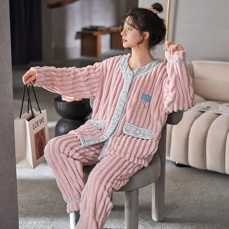 

2024 New Fashion Girls Autumn Winter Sleepwear Little Fragrant Pajamas Women's Plush Thick Loungewear Famale Coral Homewear Set