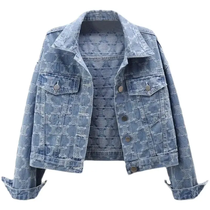 

Spring Autumn Short Denim Jacket Women 2024 New Fashion Loose Leisure Coat Embroidery Single-Breasted Blue 3XL Overcoat Female