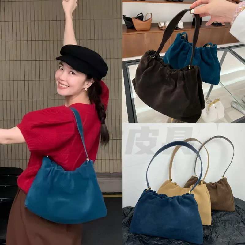 

Korean Chic Minority Folds Cloud Handbag Vintage Solid Frosted Cowhide Suede Underarm Shoulder Bags Large Capacity Luxury Bolsos