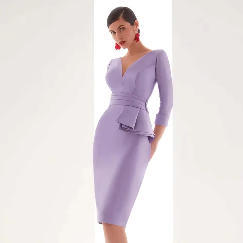 

Customized Cocktail Dresses Ruffles Sheath V-neck Knee Length Women Special Occasion Party Gowns Column 3/4 Sleeves Formal Dress