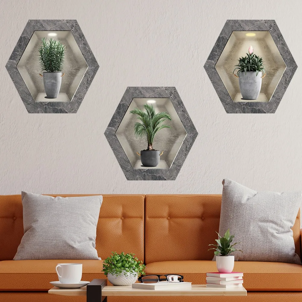 Tropical Green Plants Potted Hexagonal Photo Frame Wall Stickers For Decorating Living Rooms