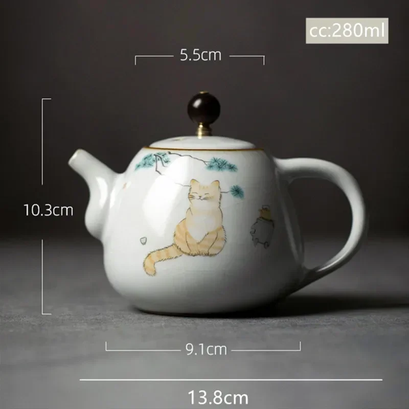 280ml Traditional Ru Kiln Ceramic Teapots Handmade Cute Cat Pattern Kettle Travel Portable Filter Tea Pot Home Tea Set Drinkware