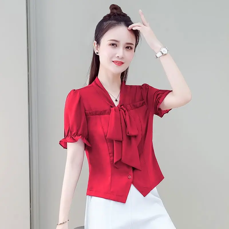 Elegante decote em v rendas até arco emendado babados camisas roupas femininas 2025 verão novo solto all-match topos blusas de manga borboleta