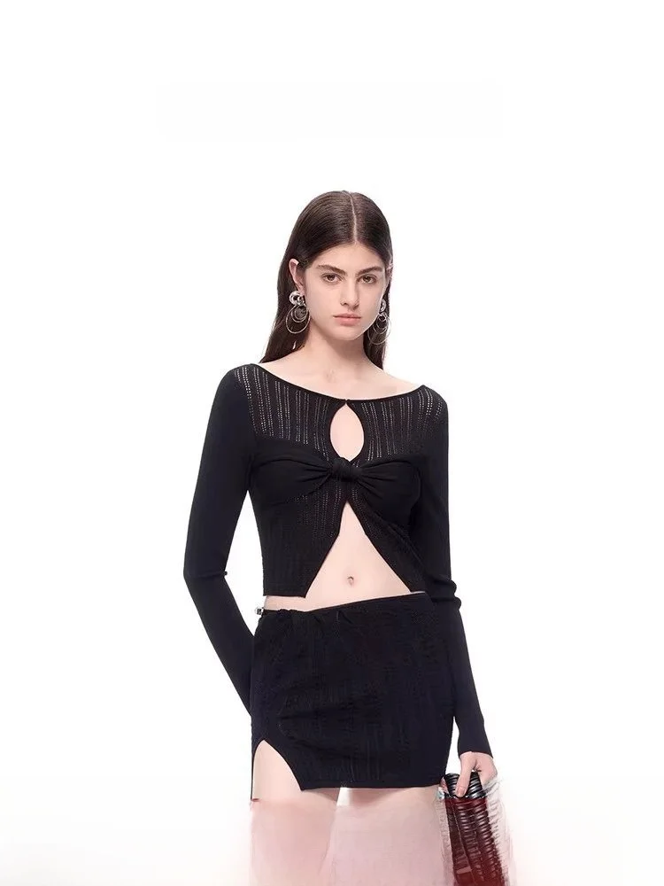 

CNWEI Summer 2025 Faion Knitted Slim Fit Sexy ort Skirt Set Women's Open Cardigan Casual Sle Long Sve ort Length