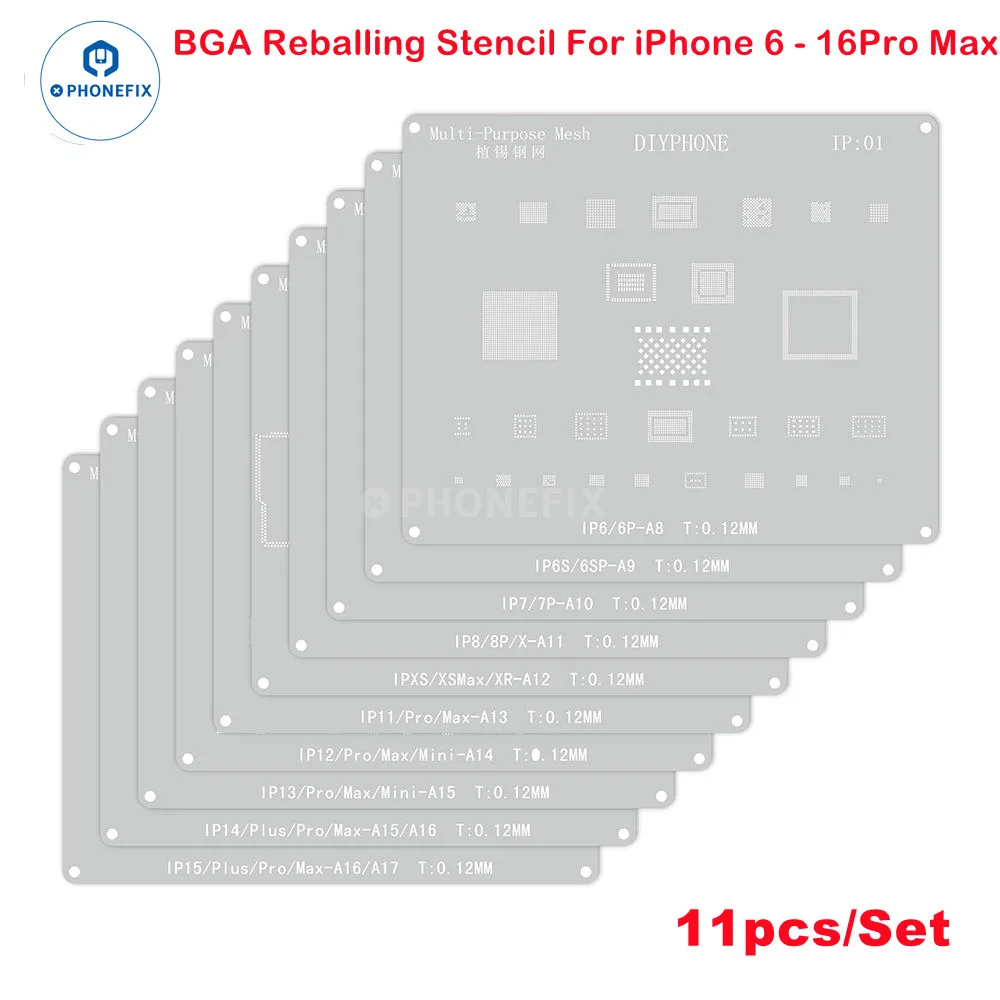 Multifunctionele stalen gaas 0,12 mm BGA Reballing-stencil voor iPhone 11 12 13 14 15 16 PRO MAX IC-chip CPU-planting Tin-sjabloon