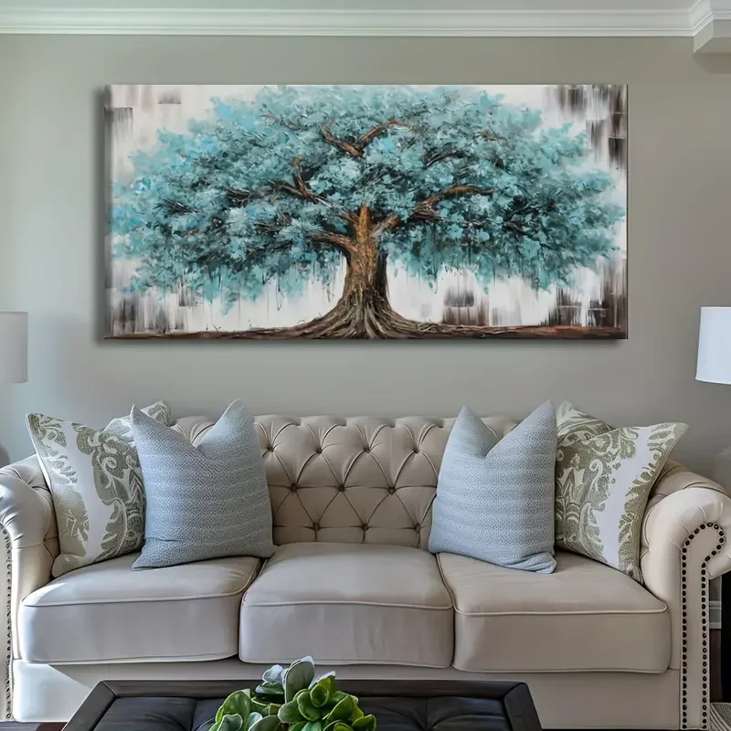 (1PC Unframe)Large Tree of Life Canvas Painting Vibrant Abstract Artwork for Bedroom Living Room - Striking Blue Teal Modern Wal