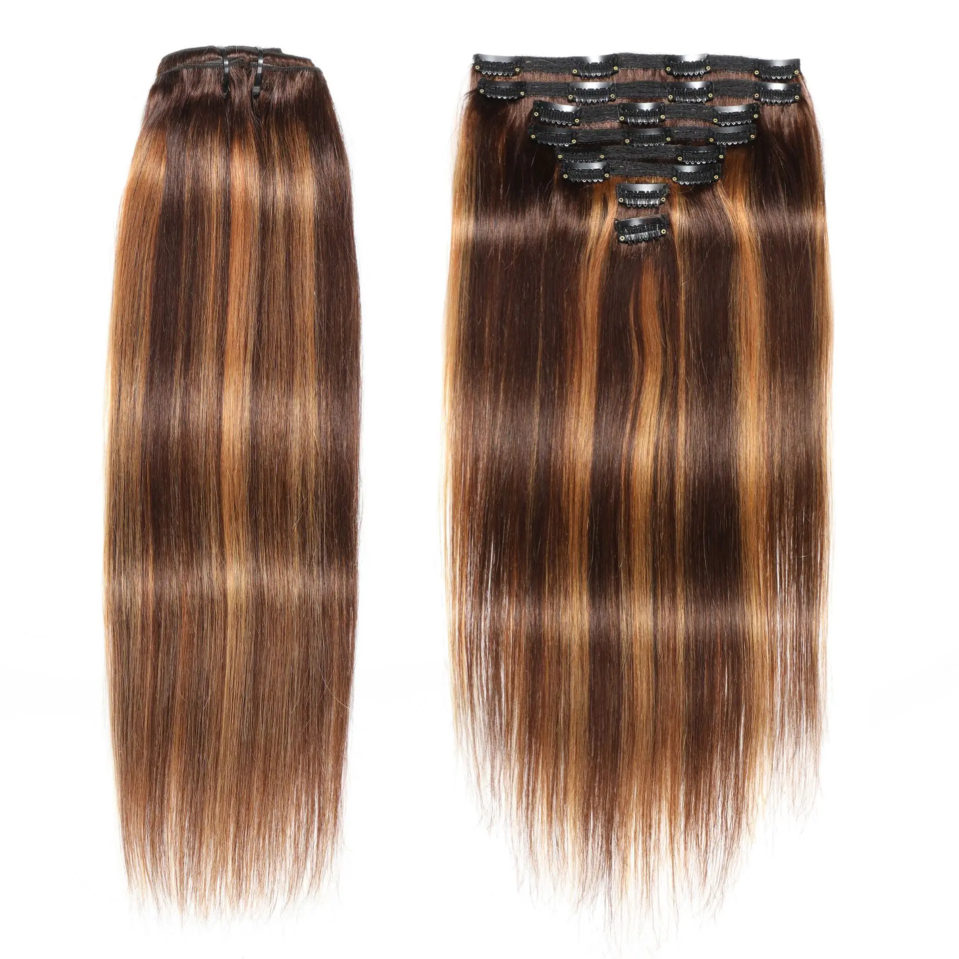 P4/27 Highlight Clips in Hair Extensions Silk Straight Honey Brown Clip In Human Hair Extension Full Head Brazilian Clip Hair