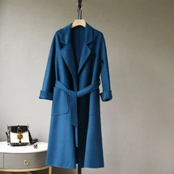 Casual High Quality Water Ripple Overcoat Double-sided Wool Long Women Loose Jacket Fashion Belt Lapel Cashmere Coat