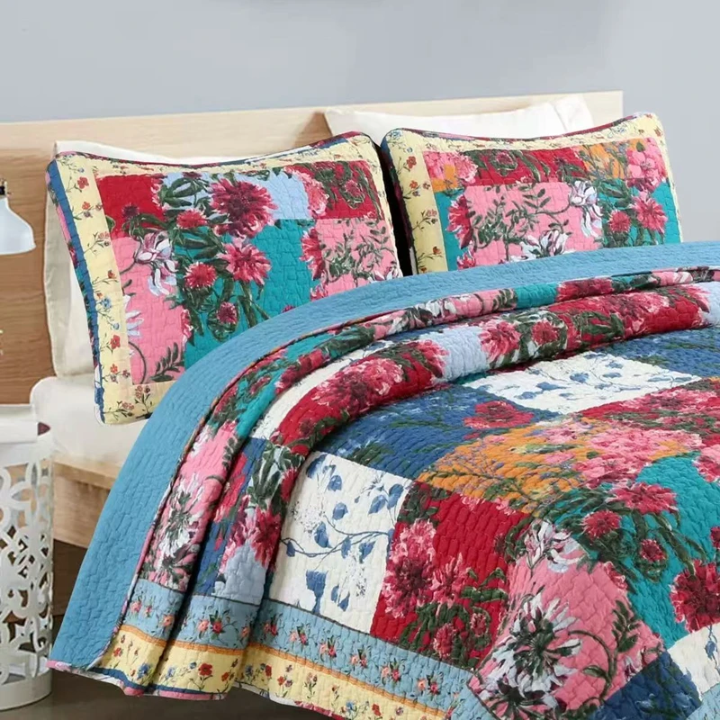 3pcs 100% Cotton Quilted Bedspread Set Queen Full Size Vintage Colorful Floral Bed Cover Summer Quilt Blanket Non-slip Sheet