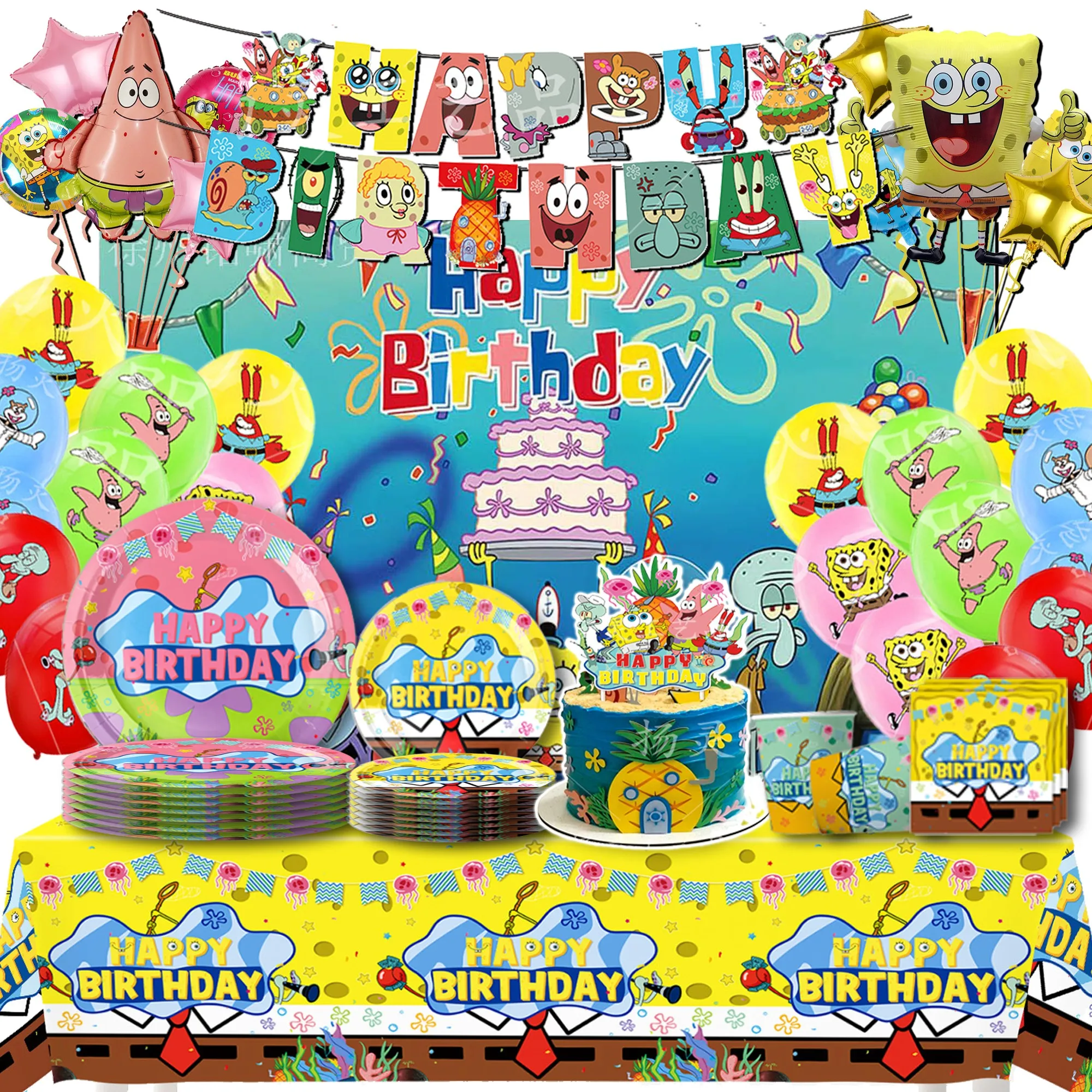 Anime SpongeBob Piatto posate per festa di compleanno Banner usa e getta Cake Topper Bandiera appesa SpongeBob Palloncini Decorazioni di compleanno