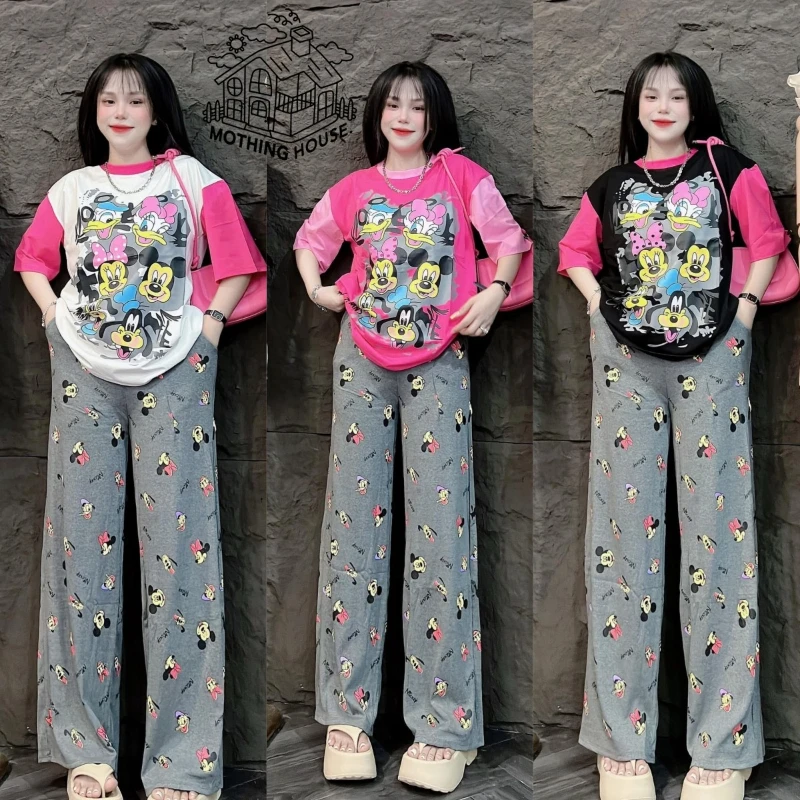 

Женский летний новый корейский комплект из 2 предметов с героями мультфильмов — повседневный модный наряд с короткими рукавами и драпировкой с высокой талией