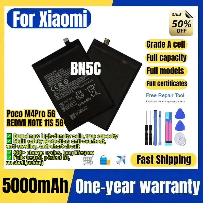 BN5C for Xiaomi Poco M4Pro 5G/REDMI NOTE 11S 5G Phone Battery High Capacity Battery Replacement Bateria Grade A Cell with Tools