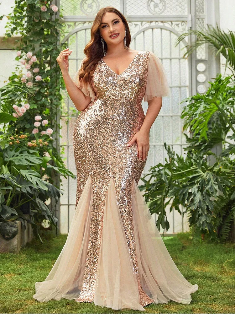 

Plus Size V-neck sleeveless sequined fishtail mesh evening dress wedding holiday luxury plus size apricot sequined evening dress