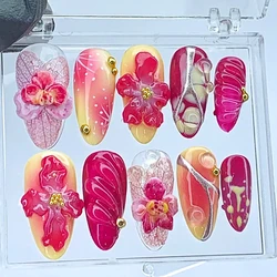 10Pcs Handmade Manicure Medium Almond Fake Nails New 3D Flower Almond Nails Press On Nails Design with Adhesive Nail File Set