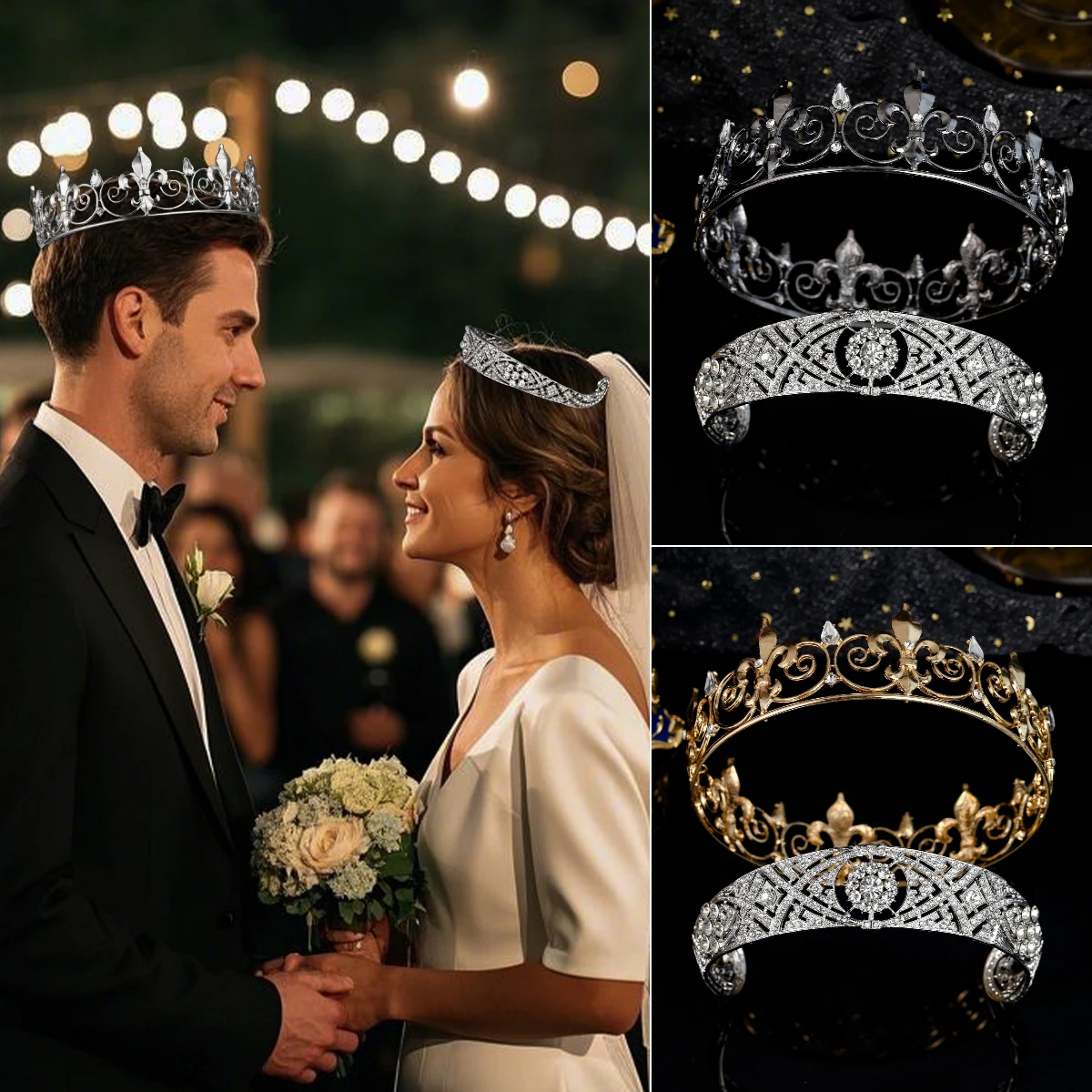 

Vintage Style Rhinestone Crown 2pc Stylish Metallic Premium Tiara For Women and Man Bridal Wedding Jewelry Hair Accessories
