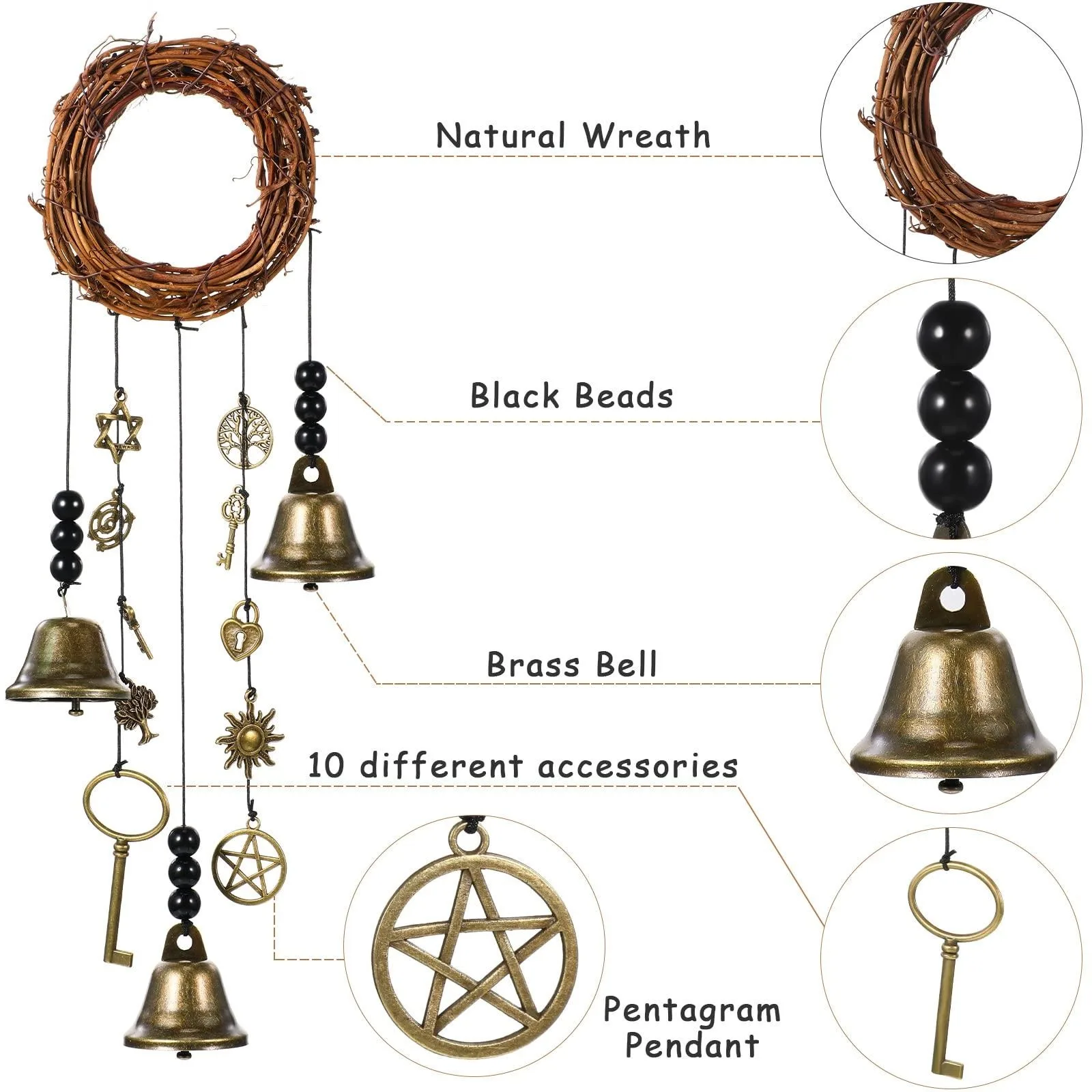 Witch Bells Protection Hangers Wreath Handmade Hanging Magic Wind Chimes for Home Door Doorknob Witchcraft Decora