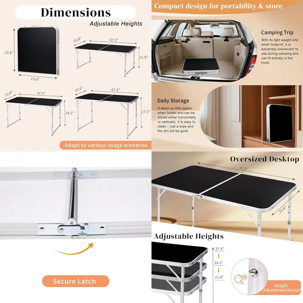 

Lightweight Portable Folding Camping Table for Outdoors, Picnic, Beach, RV, Backyard BBQ, Black, 120x60x55-70cm