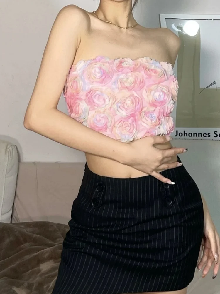 

Sisterlinda Sweet Cute Pink Rose без бретелек для женщин, летняя новая простая эластичная высокая сексуальная тонкая дикая майка, женская 2025