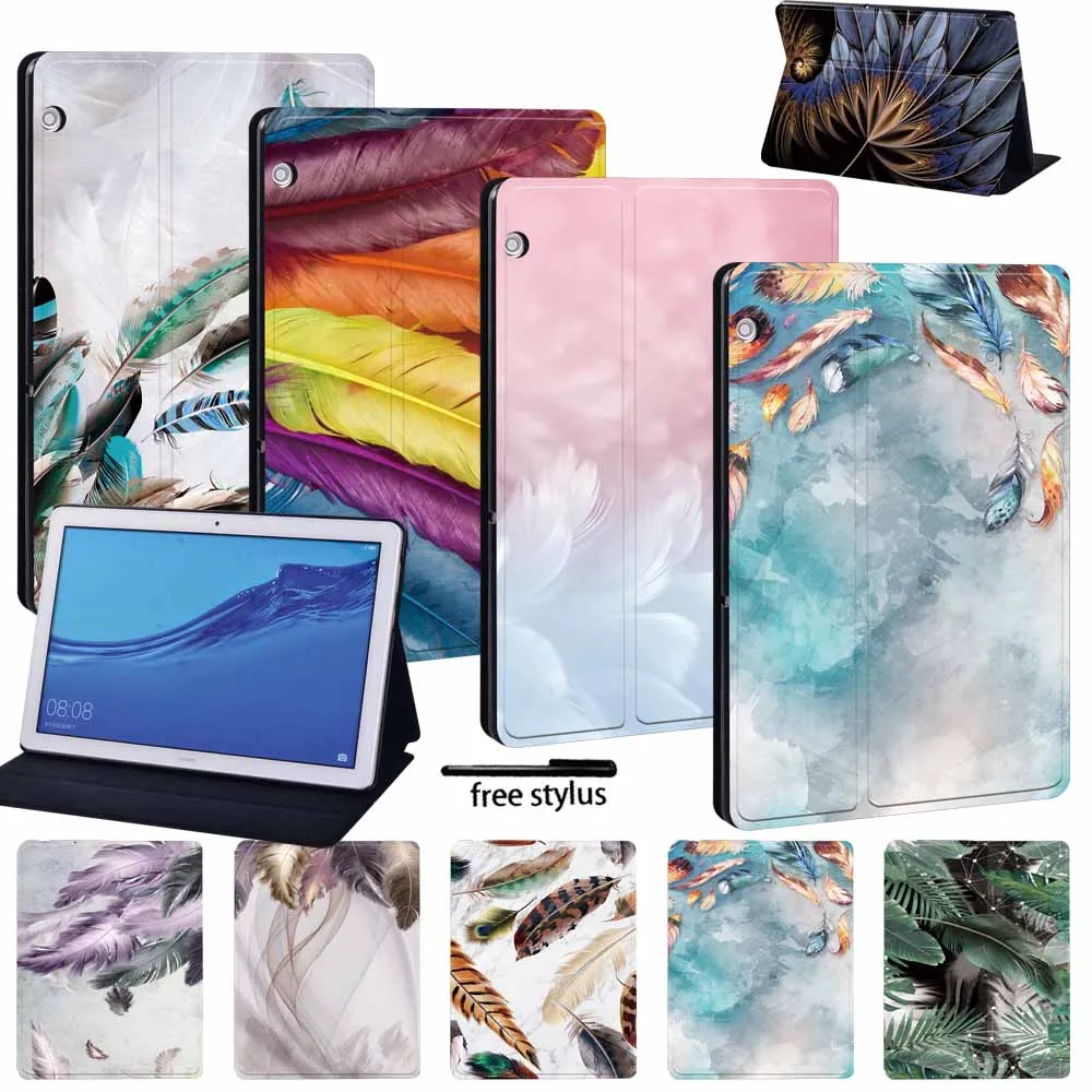 

For Huawei MediaPad M5 Lite 8"/M5 10.8"/M5 Lite 10.1"/T3 8.0"/T3 10 9.6"/T5 10 10.1 Pu Leather Tablet Case Feather Print Cover