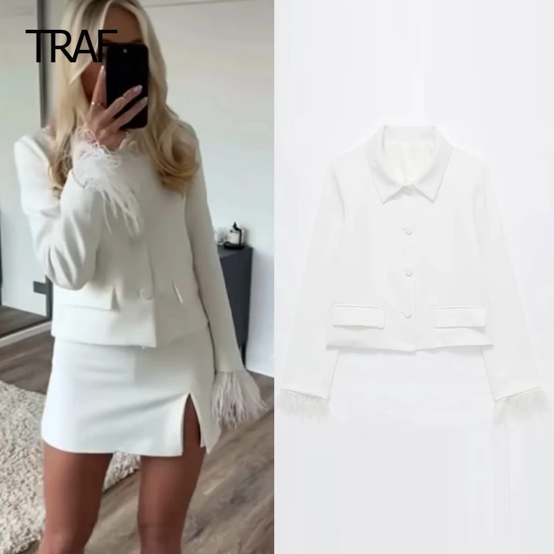 

TRAF Women's Blazers Spring Summer 2024 Cropped Feather Blazer White Lapel Collar Long Sleeve Blazer New In Coats Elegant Blazer