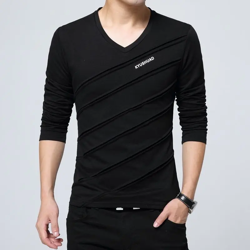 Black Slim Fit V Neck Tight Men's T-shirts Oversize Male Pullover Big Size 100℅ Cotton Sweatshirt High Brand Xxl Aesthetic Sale