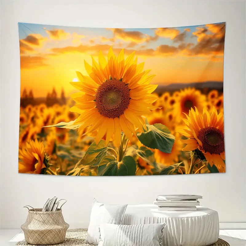 Boho Sunflower Field Sunset Tapestry Wall Hanging Art Nature Decor Botanical Sunlight Prints for Living Room Bedroom Home Wall M