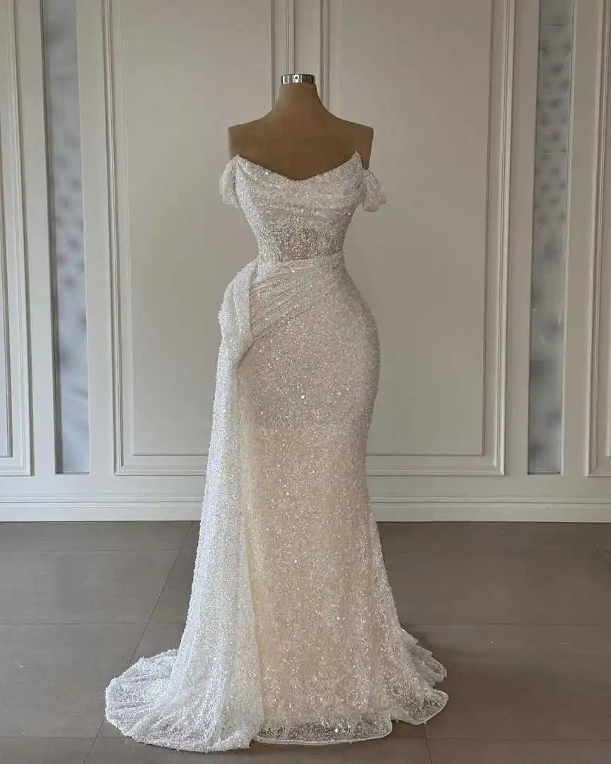 Simple Sequins Wedding Dress Mermaid Off Shoulder Bride Robe Sleeveless Sweep Train Bridal Gown Robe De Mariée