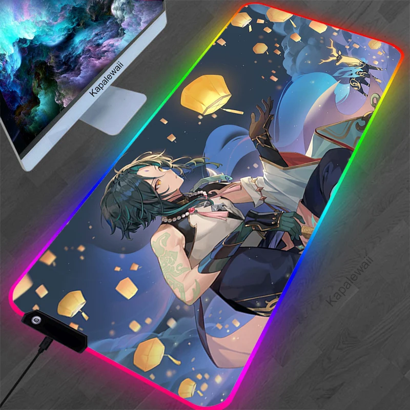 Anime Genshin Impact Gaming Rgb Grote Vergrendeld Mousepad Computer Muismat Led Backlight Otaku Oppervlak Mause Toetsenbord Bureau Mat Led