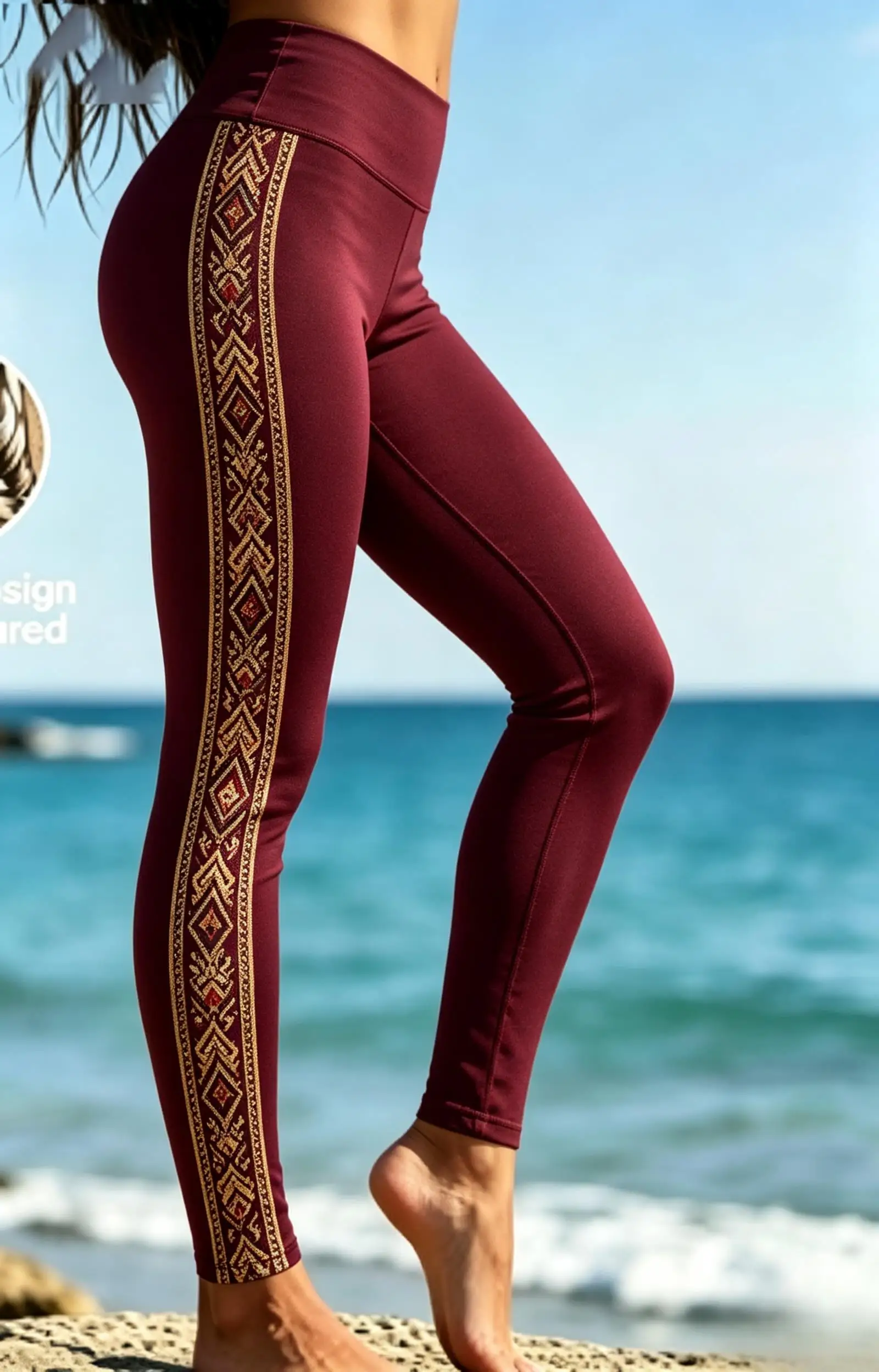 Women Fleece‑lined Mid‑rise Leggings Wine Red Ethnic Golden Geometric Tribal Side Border Print Slim Stretch Winter Casual Pants
