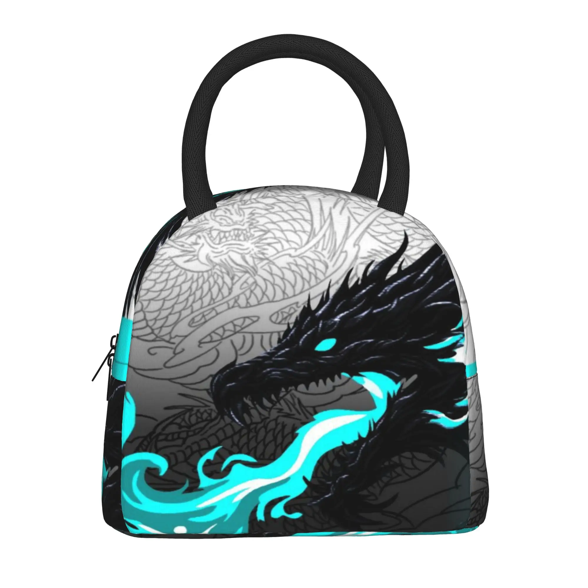 Back to school season  Portable Food Pouch Black Dragon Cyan Smoke Design Zipper Closure Cool Daily Snack Storage Lunch Bag