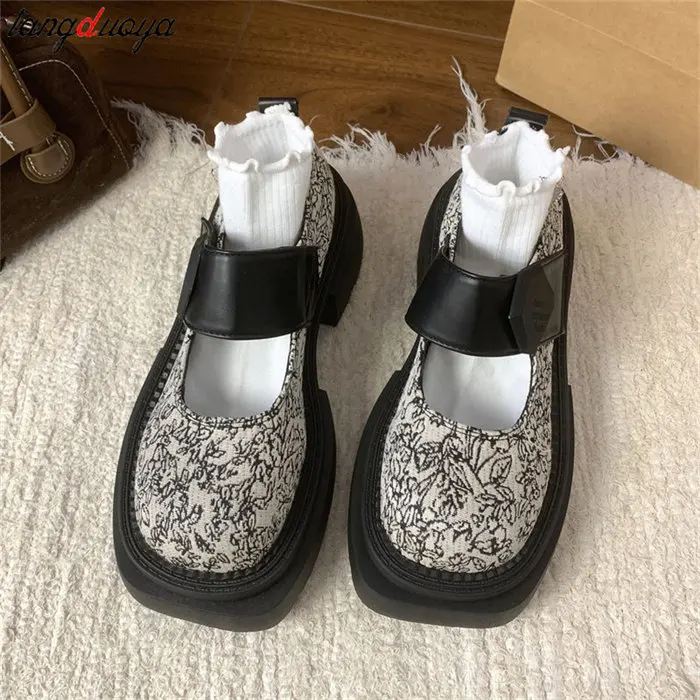 2024 New Women Lolita Shoes Retro Printed Mary Jane Shoes Gothic Punk Thick High Heel Shoes Ladies College JK Uniform Shoes