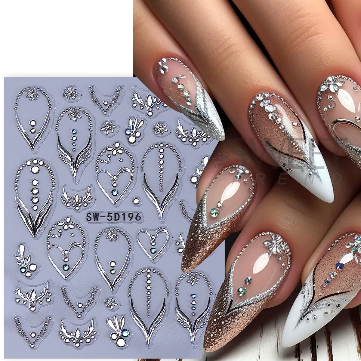 2 Stück Luxus Edelsteine 5D geprägte Nagelaufkleber Schneeflocke Blume Liebe Herz selbstklebende Abziehbilder Winter Retro Charms Sliders Maniküre Tipps – Detail 4