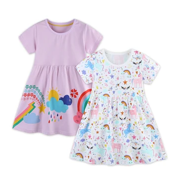 여아용 반팔 원피스, 니트 코튼, 유행 만화 무지개 인쇄 공주 원피스, 2-7 세, 2 피스 여름