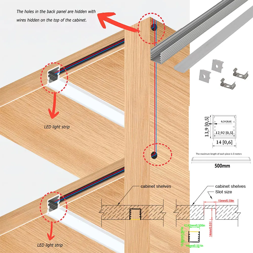 14x14mm (5pcs) 0.5m Multi-Functional LED Strip Lighting for Cabinets & Wardrobes Stylish Aluminum Profile LED Light Strips