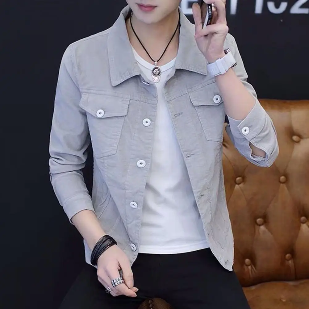 Men Jacket Lapel Jacket Stylish Men\'s Slim Fit Denim Jacket Solid Color Turn-down Collar Long Sleeve Outerwear for Spring Autumn