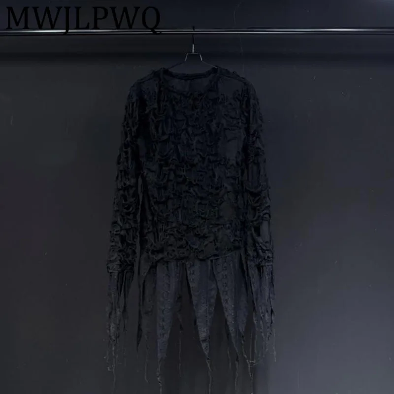 

MWJLPWQ Design 2025 New Heavy Lace Patchwork Shirt Men's Long Sleeve High Street Loose Casual Round Neck Base Tops Autumn 12412