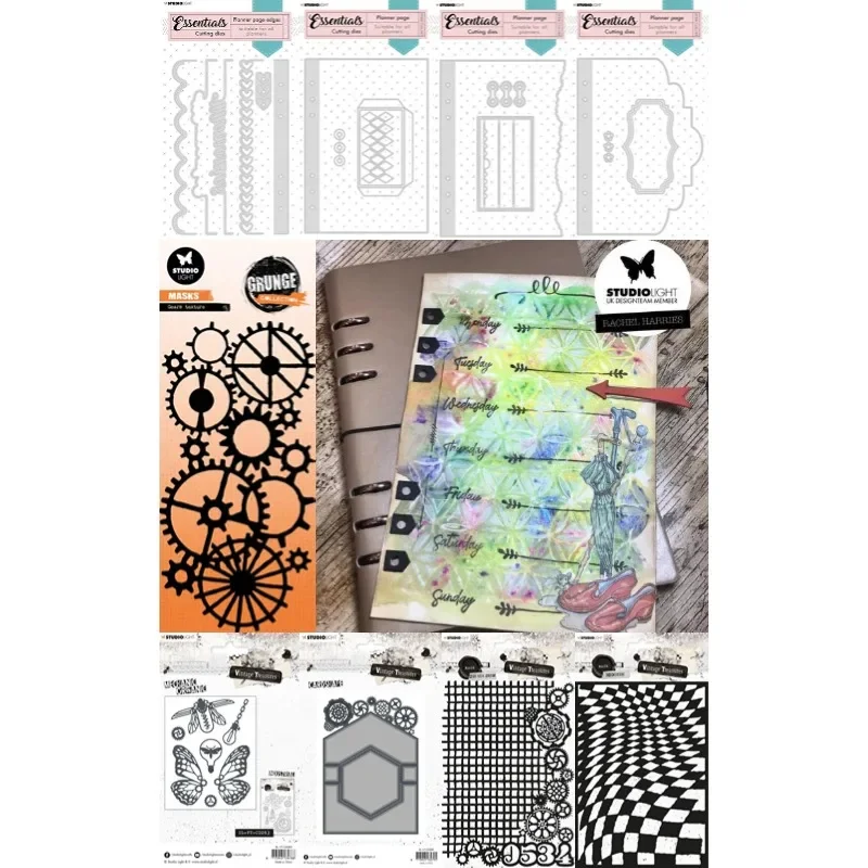 Gears Planner Stansmal Borders Page Rectangle Gears Texture Card Shape Butterfly Grid Metal Cutting Dies Stencil Card 2024 New