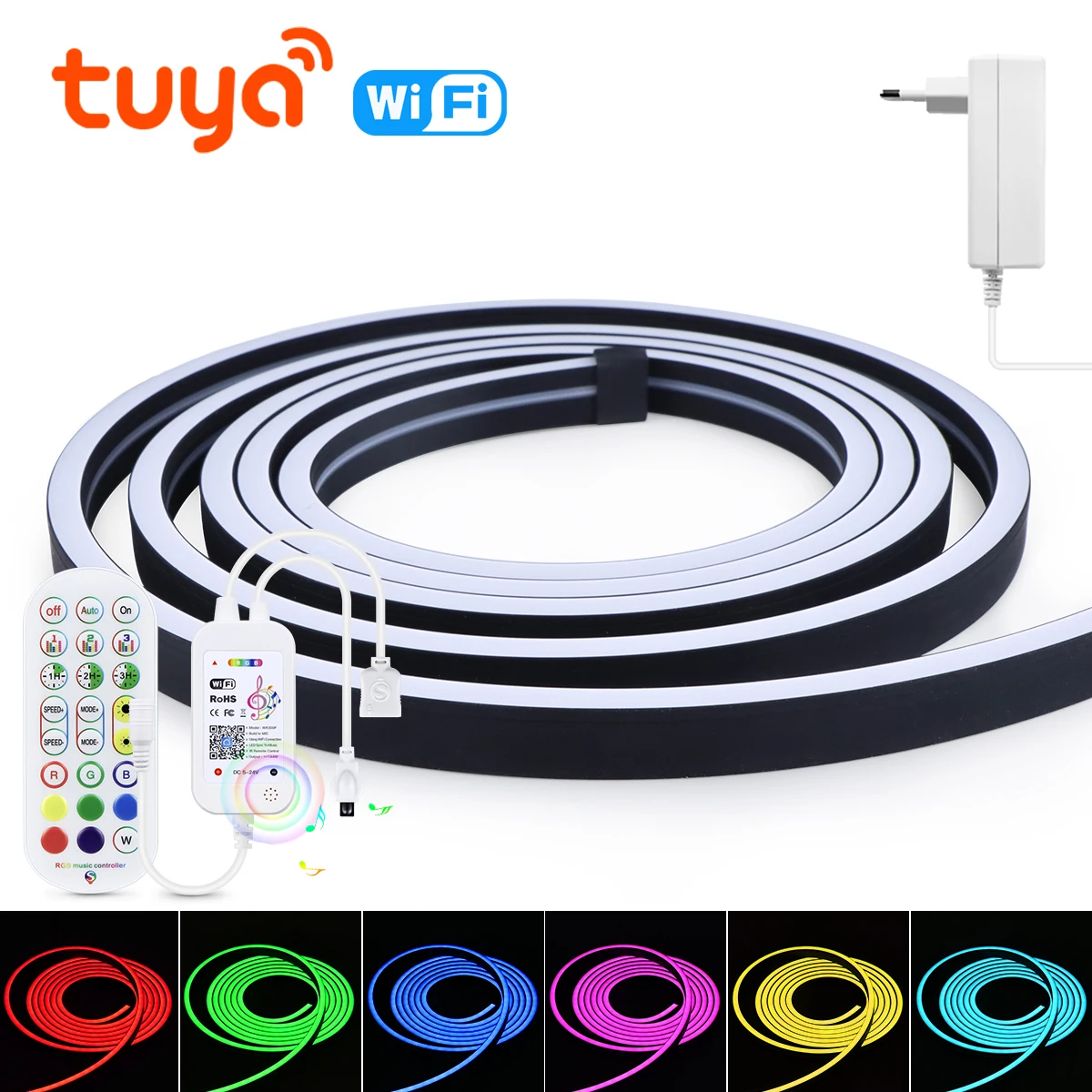 Tuya Wifi Smart Switch RGB LED Neon Strip Lights Black Silica Wodoodporna lampa i Bluetooth Neon LED Tape z ściemnianym pilotem