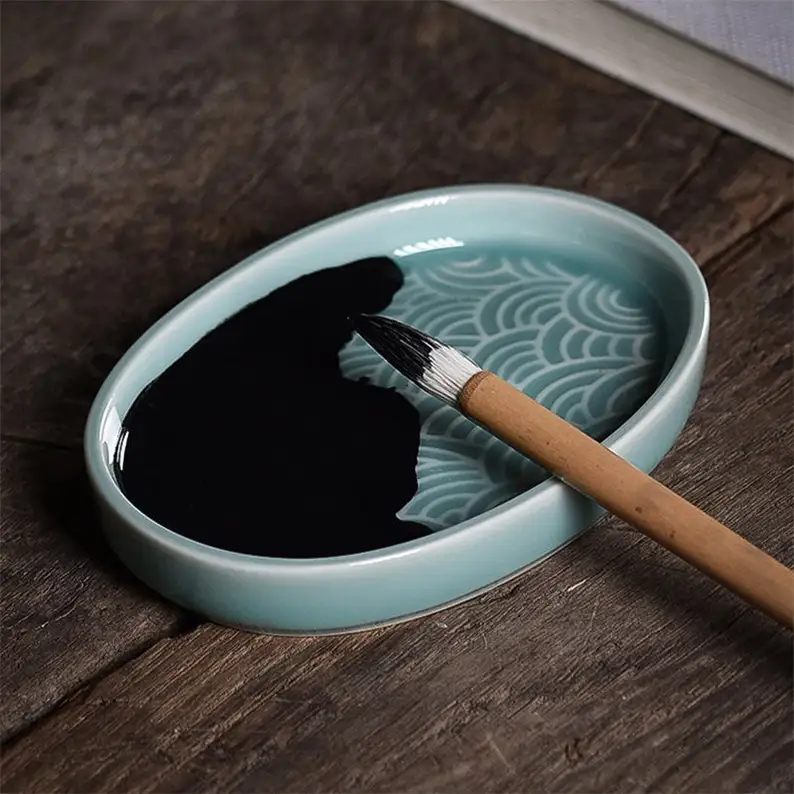 Ceramics Multifunctional Ink Tray/Ink Well for Beginning and Chinese Japanese Calligraphy Practice.