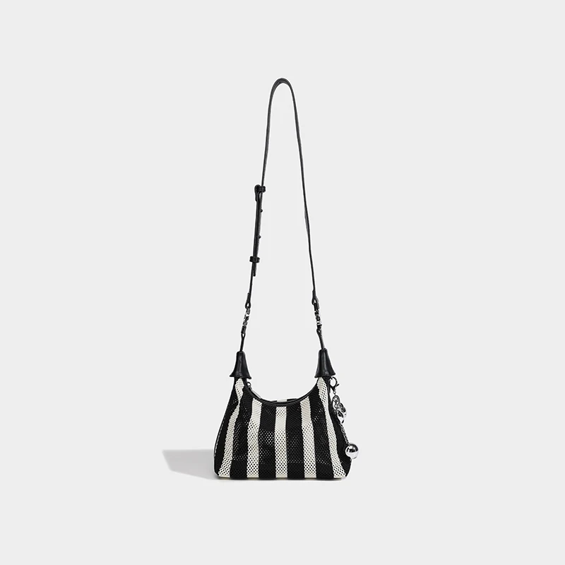 New Summer Woven Bag Black And White Striped Portable Lunch Box Bag Fashionable And Versatile Hollow Tote Bag Casual Armpit Bag