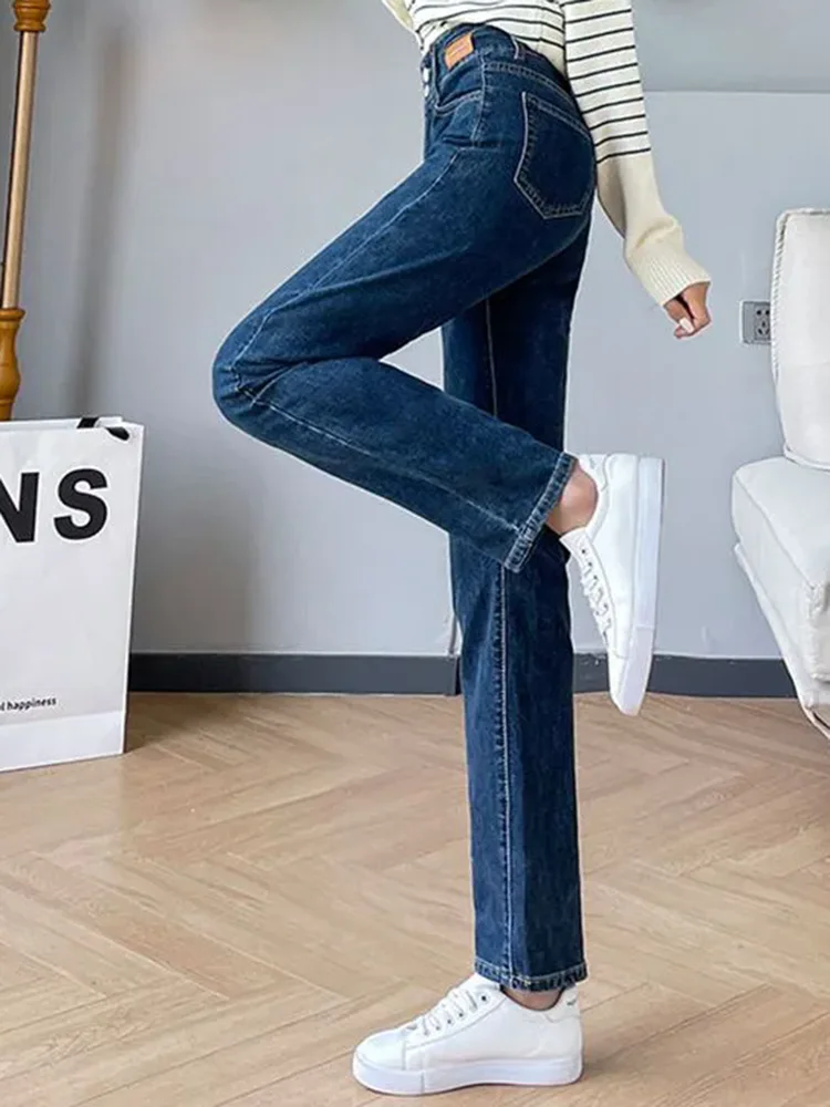ผู้หญิงสบายๆวินเทจตรงกางเกงยีนส์เกาหลีแฟชั่นเอวสูงStreetwearยืดกางเกงยีนส์กางเกงฤดูใบไม้ผลิฤดูใบไม้ร่วงผอมSolid Vaqueros