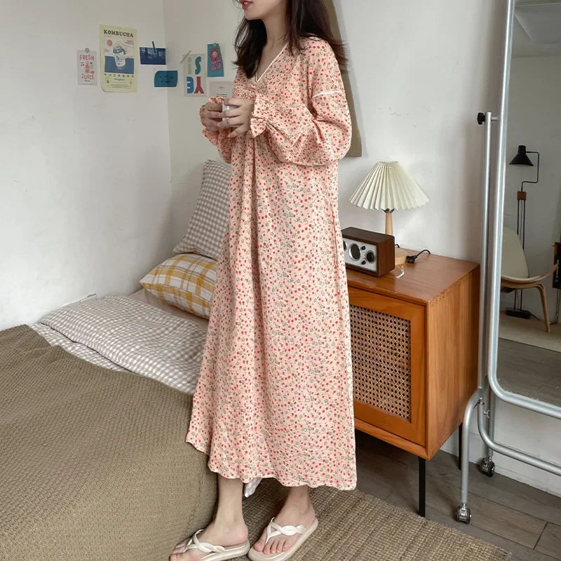 Casual 100% Cotton Muslin Dress For Women Sexy V-neck Long Sleeve Loose Maxi Robe Elegant Pajamas Nightdress Vestidos