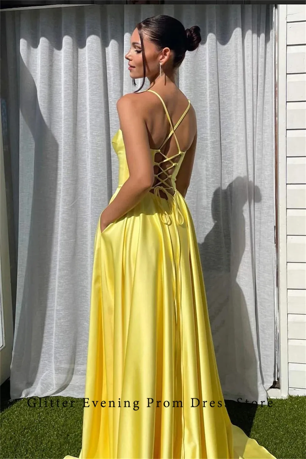 2024 Yellow Simple Sexy Prom Dresses A-Line Split Slide Satin Sweetheart Backless Lace Up Custom Birthday Evening Party Dresses