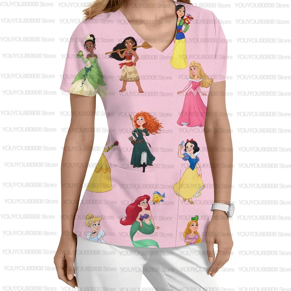 

Medical uniform elegant long hair princess print 2025 summer V-neck surgical gown ladies short-sleeved patch pocket top clinical