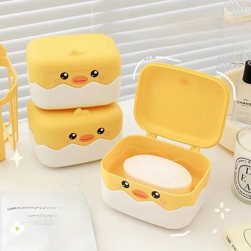 Zeepkist Cartoon Schattige Chick Gebroken Shell Ontwerp Plastic Dubbele Cover Draineerbare Lade Draagbare Badkamer Toiletopslagbenodigdheden