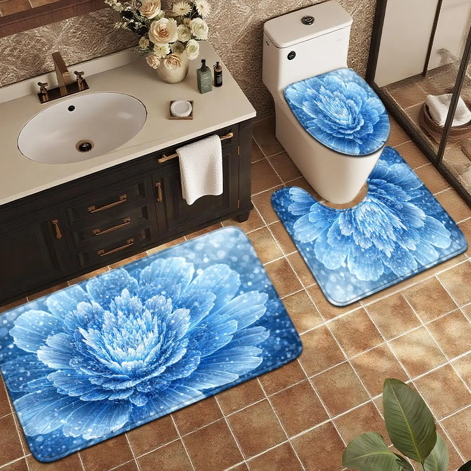 

Blue Floral Bath Mat Set for Bathroom Decor Toilet Rug Waterproof Home Accent Gift
