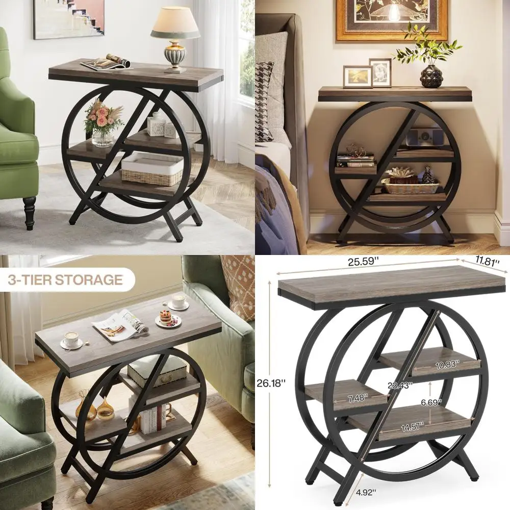 

Трехъярусный узкий столик для гостиной с местом для хранения вещей и геометрическим металлическим каркасом