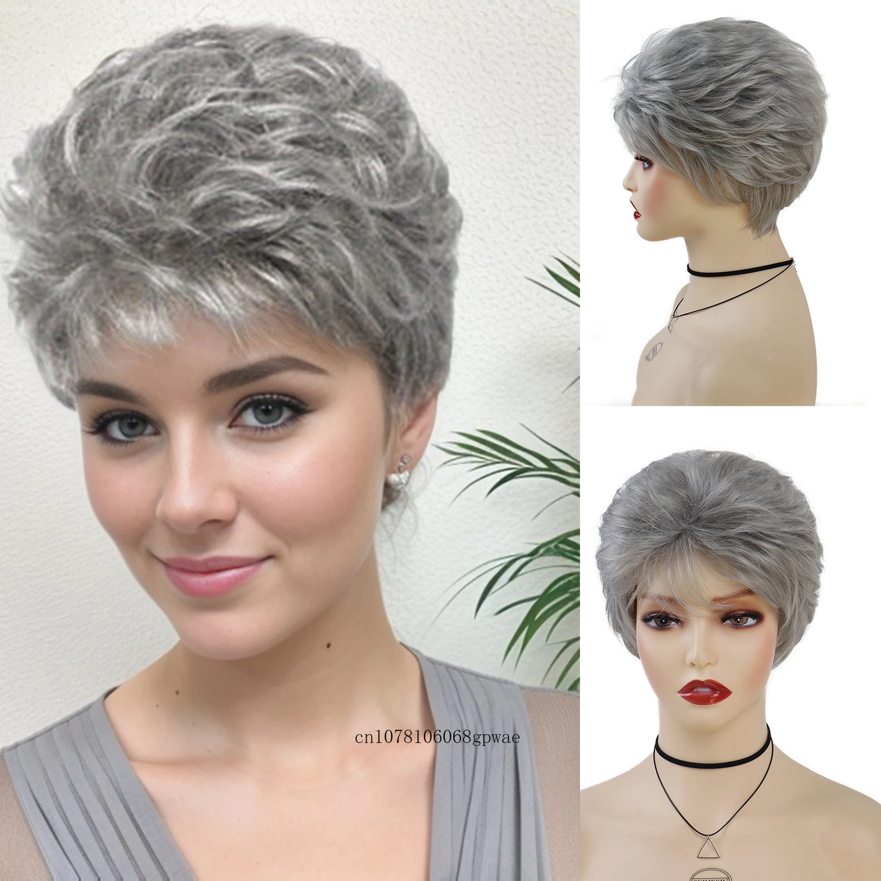 

Synthetic Hair Pixie Cut Grey Wig for Older Women Lady Short Layered Cosplay Wigs with Bangs Daily Party Costume Heat Resistant