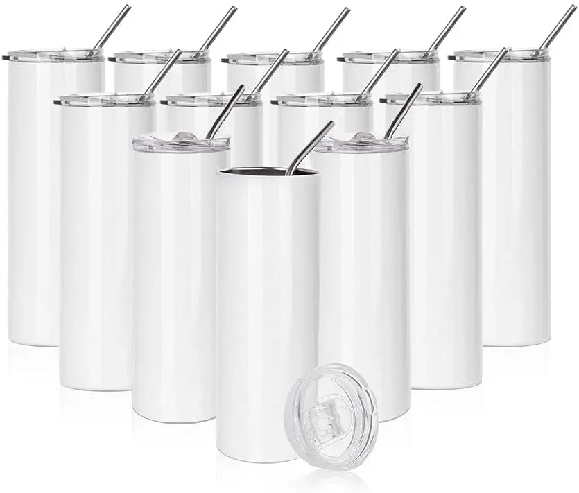 

Упаковка из 12 сублимационных стаканов, тонкие белые прямые чашки из нержавеющей стали на 20 унций с крышкой и соломинкой
